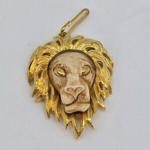 Vintage Luca Razza Lion Head Face Pendant Gold Tone Resin Leo Zodiac Statement